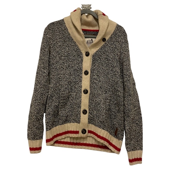 Roots Sweaters - Roots Cabin button cardigan medium pockets wool sweater long sleeve grey red